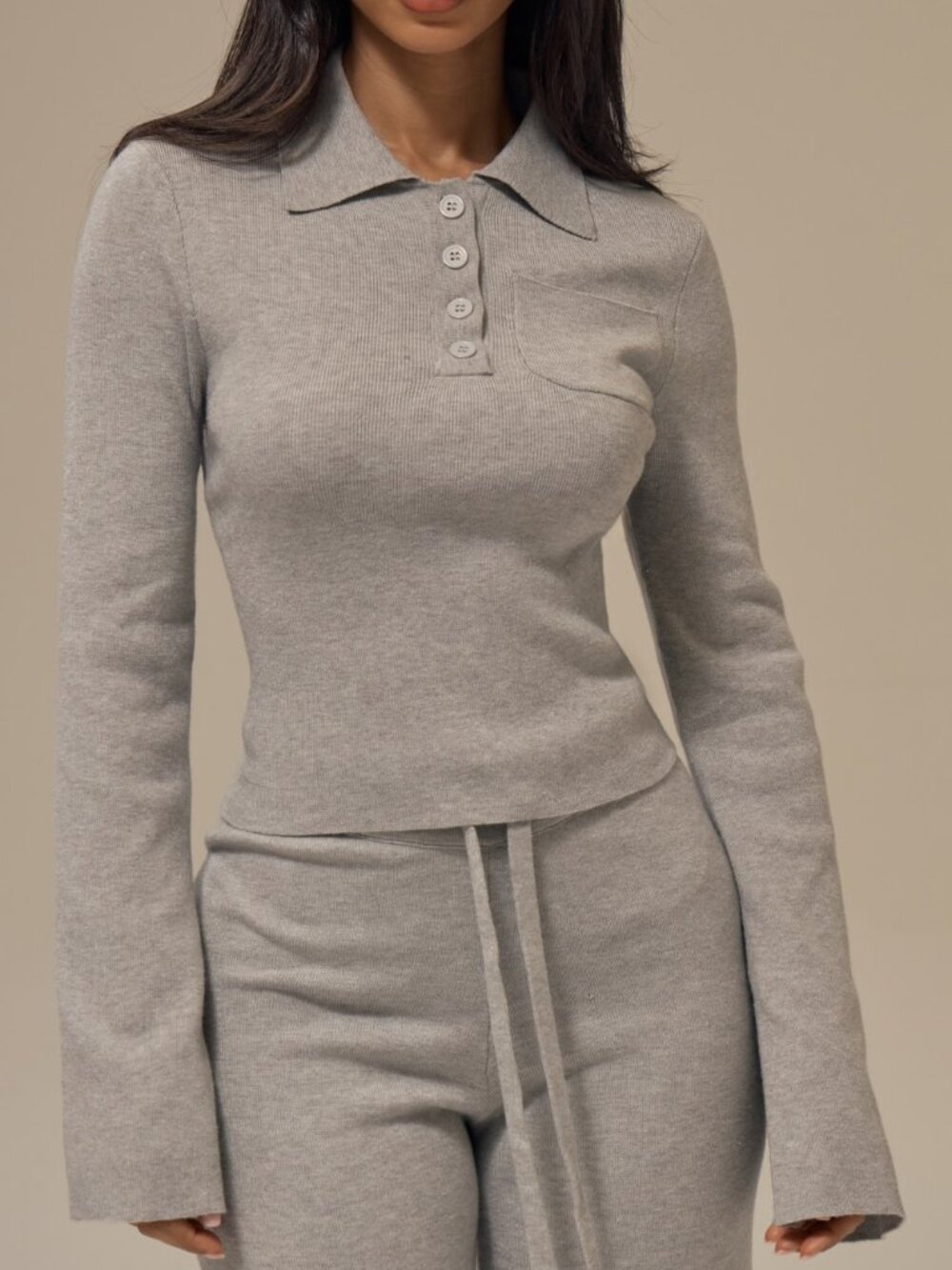 Light Grey Casual Women's Slim Fit Flare Sleeve Button Front Polo Neck Pullover